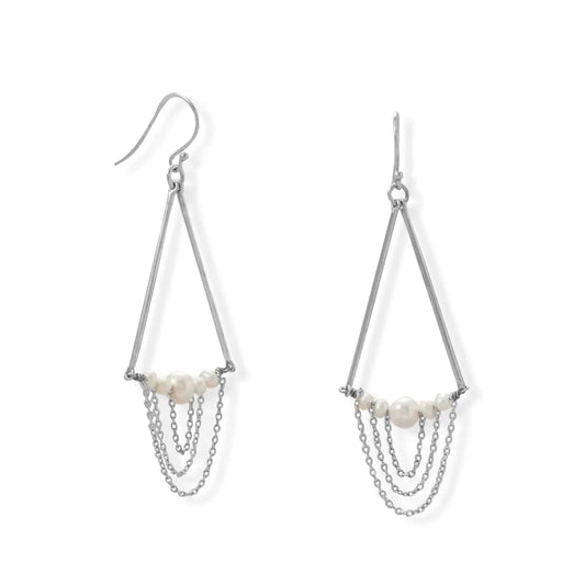 Sterling Silver Cultured Freshwater Pearl and Bar Chain Drop Earrings - Biggar Diamonds
