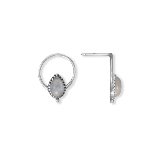 Sterling Silver Oxidized Pear Rainbow Moonstone Bead Edge Earrings - Biggar Diamonds