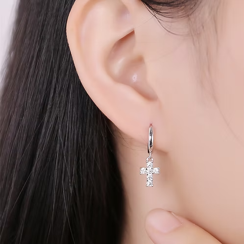 Sterling Silver Cubic Zirconia Cross Huggies