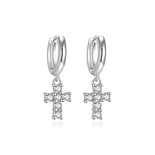 Sterling Silver Cubic Zirconia Cross Huggies