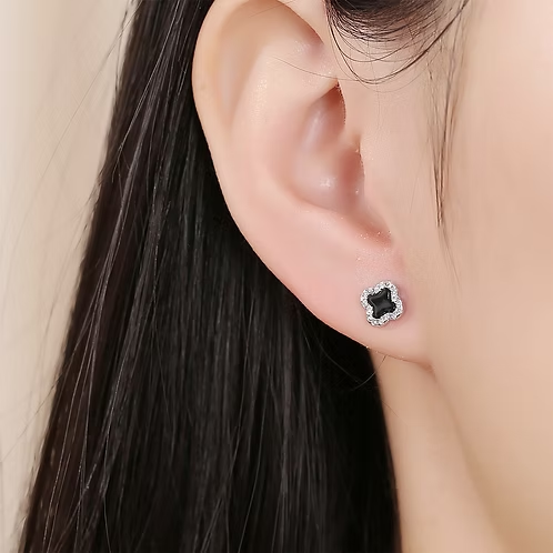 Sterling Silver + Mini Black Onyx Clover Studs