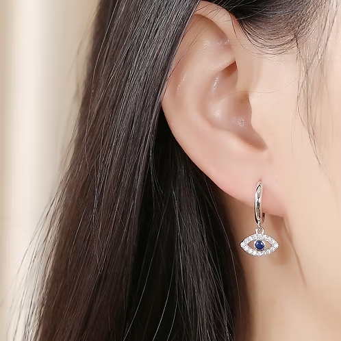 Sterling Silver + Cubic Zirconia Evil Eye Huggies