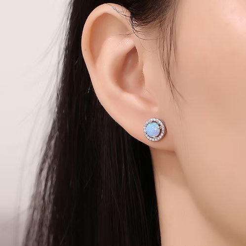 Sterling Silver + Created Opal Halo Earrings