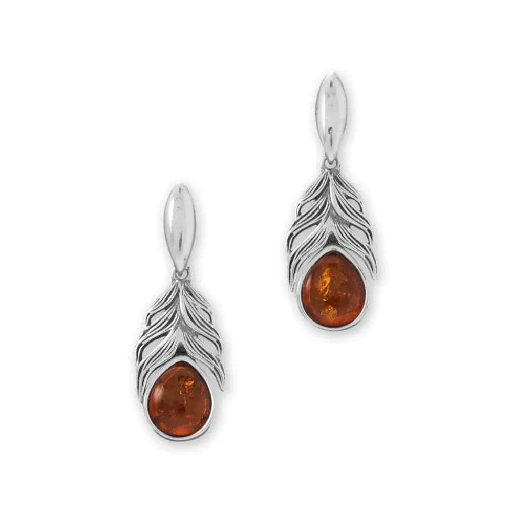 Sterling Silver Baltic Amber Feather Earrings - Biggar Diamonds