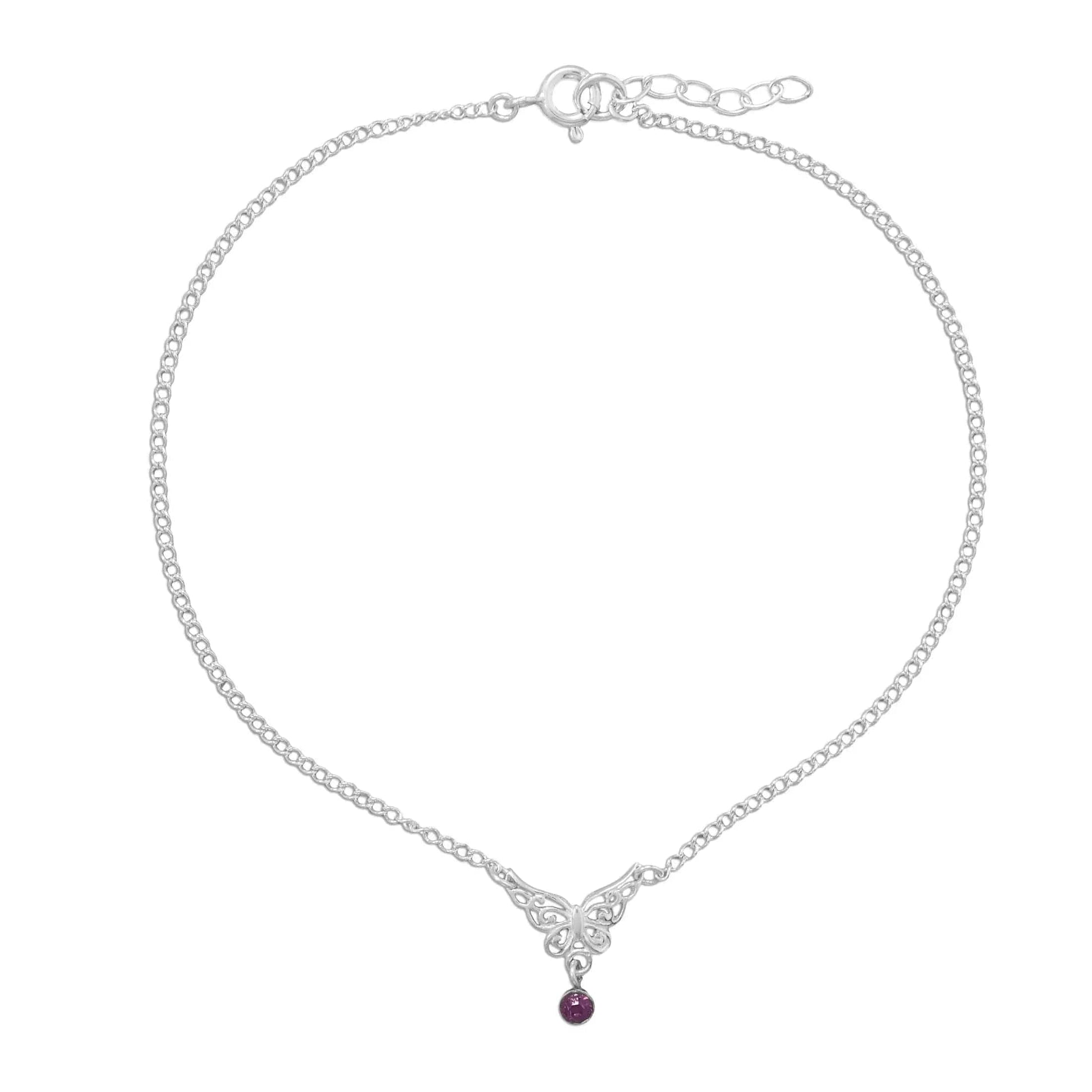 Sterling Silver Butterfly with Purple Crystal Anklet - Biggar Diamonds