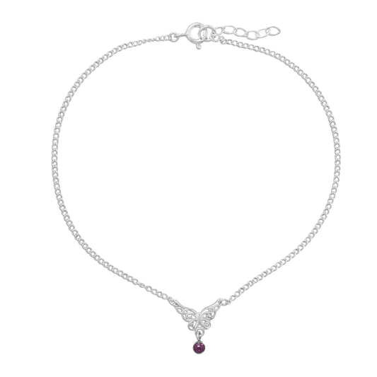 Sterling Silver Butterfly with Purple Crystal Anklet - Biggar Diamonds