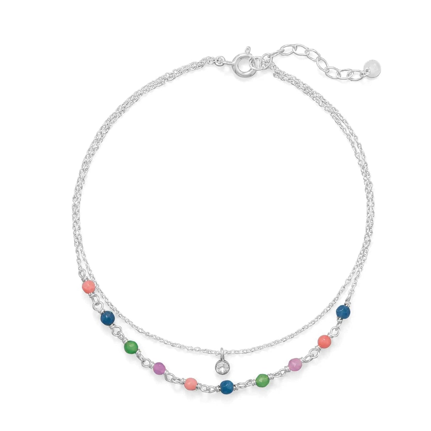 Sterling Silver Multi Color Jade and CZ Double Strand Anklet - Biggar Diamonds